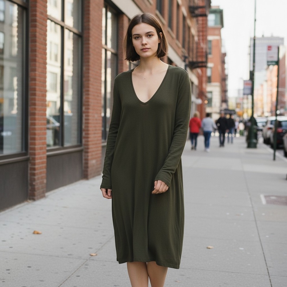 James Perse Olive Green V-Neck Long Sleeve Dress 2 Womens M elevated capaule